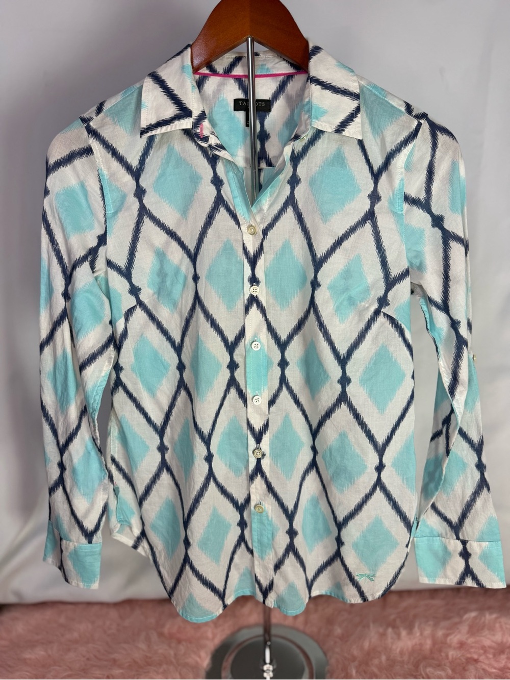 Talbots - 100% Cotton White Navy & Turquoise Ikat Button-Up Shirt- Size S Petite